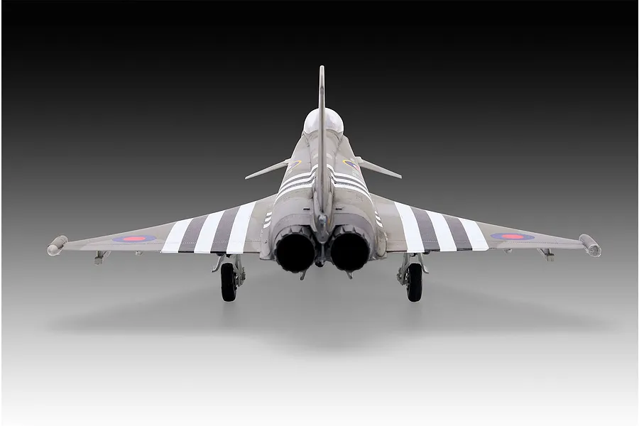 Rear view of a 1/48 scale Revell Eurofighter Typhoon model kit featuring D-Day invasion stripes on the wings and fuselage.