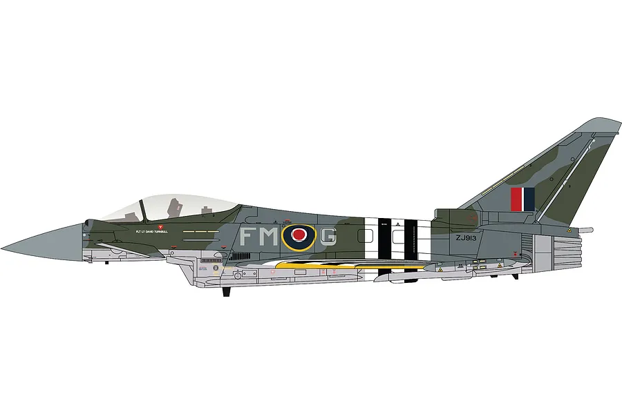 A side-profile digital illustration of a Eurofighter Typhoon FGR.4 jet fighter in RAF camouflage livery with invasion stripes.