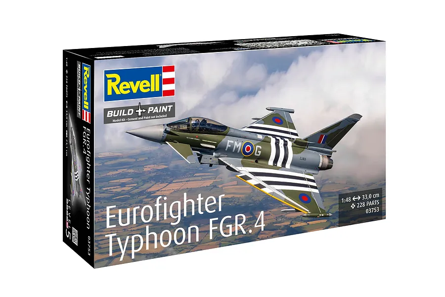 Revell 1/48 scale Eurofighter Typhoon FGR.4 plastic model kit box featuring an illustration of the jet in flight over a landscape.