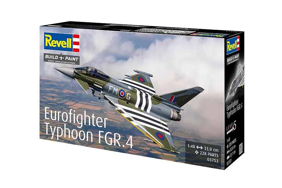 Revell 1/48 scale Eurofighter Typhoon FGR.4 plastic model kit box showing a fighter jet in flight over a landscape.