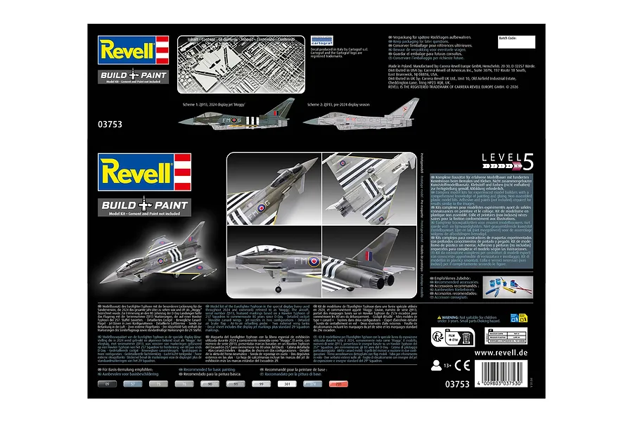 Back of Revell 1/48 Eurofighter Typhoon FGR.4 model kit box showing assembly details, painting schemes, and product information.