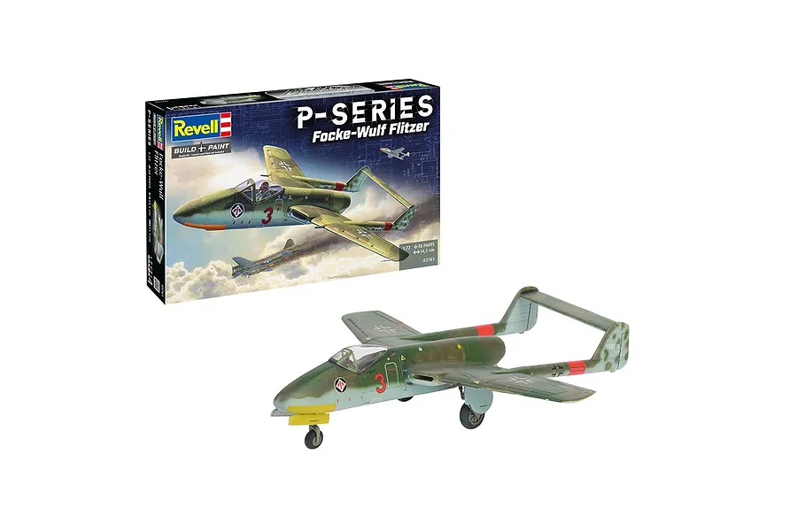A Revell 1/72 scale Focke-Wulf Flitzer model kit box next to a fully assembled and painted model of the aircraft.