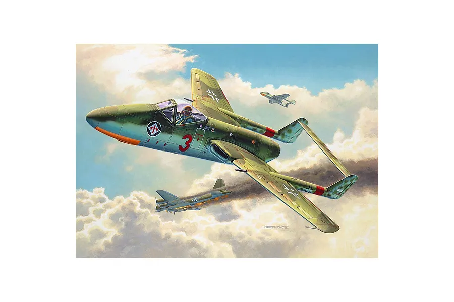 Box art illustration of a Focke-Wulf P-Series jet fighter in flight, with a pilot visible in the cockpit and a damaged bomber aircraft below.