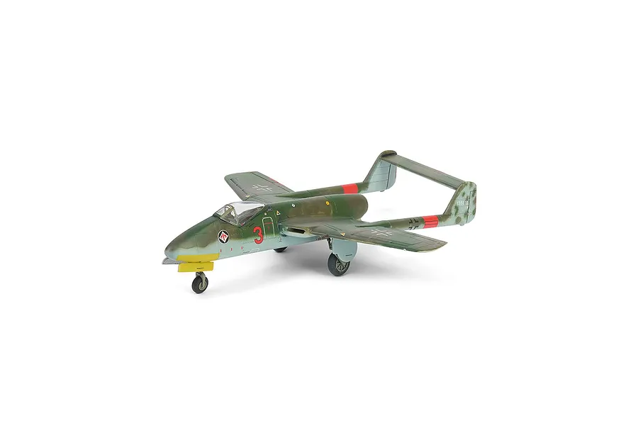 A completed 1/72 scale plastic model of a Focke-Wulf Flitzer jet aircraft, featuring green and grey camouflage with red markings on a white background.