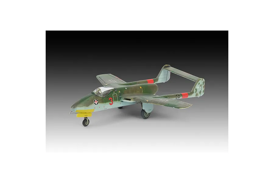 A finished 1/72 scale plastic model kit of a Focke-Wulf Fw P.II Flitzer jet aircraft, painted in camouflage with red markings.