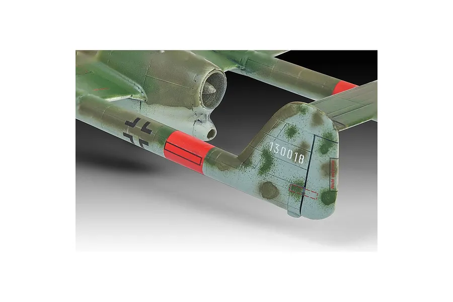 Close-up of the tail section and engine intake of a Focke-Wulf Flitzer model aircraft with camouflage paint and German markings.