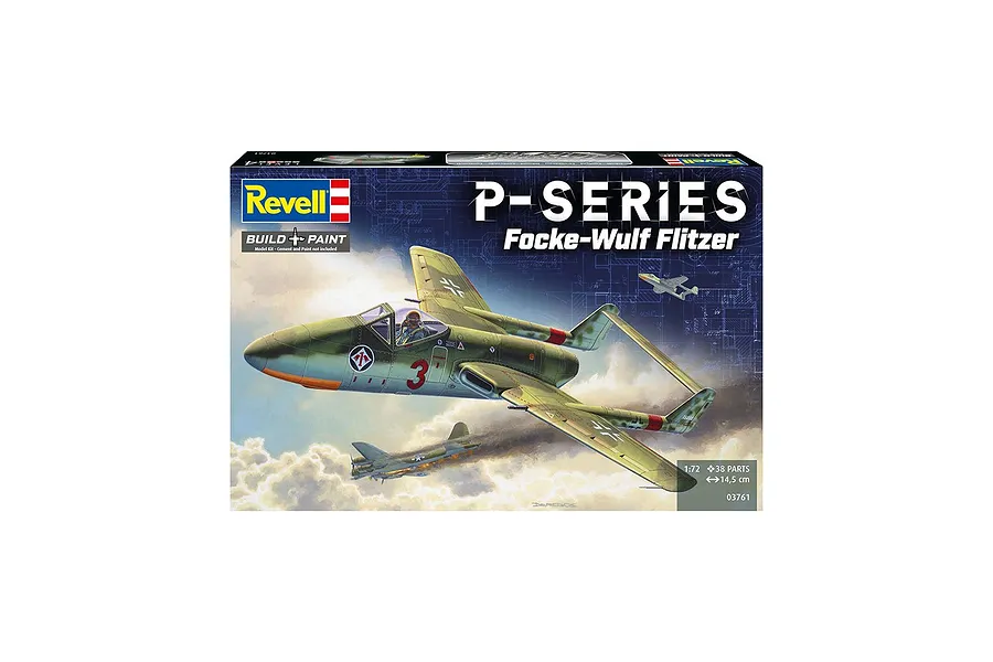 Revell 1/72 scale Focke-Wulf Flitzer P-Series plastic model kit box art showing a jet fighter in flight.