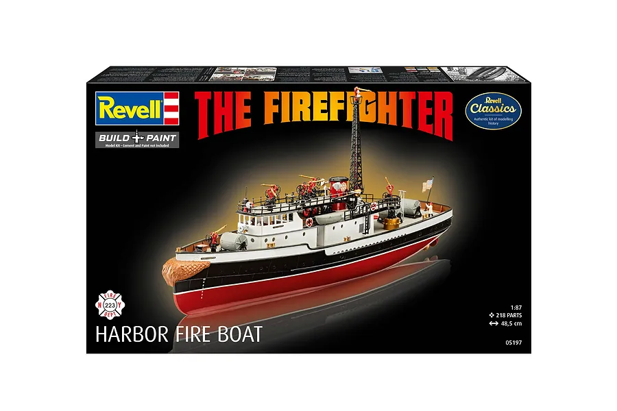 Revell The Firefighter 1/87 scale plastic model kit box art showing a finished harbor fire boat model.