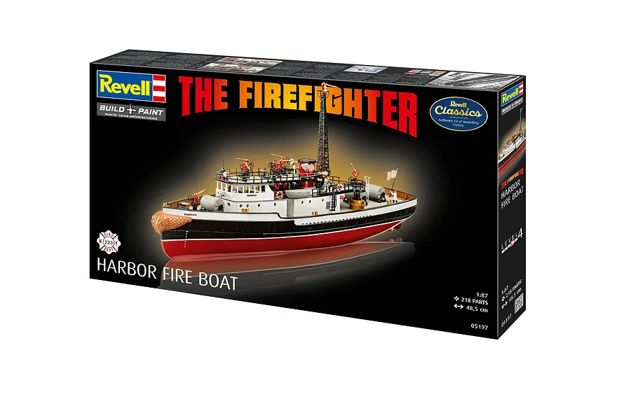 Revell 1/87 scale The Firefighter harbor fire boat plastic model kit box showing the finished model on a black background.