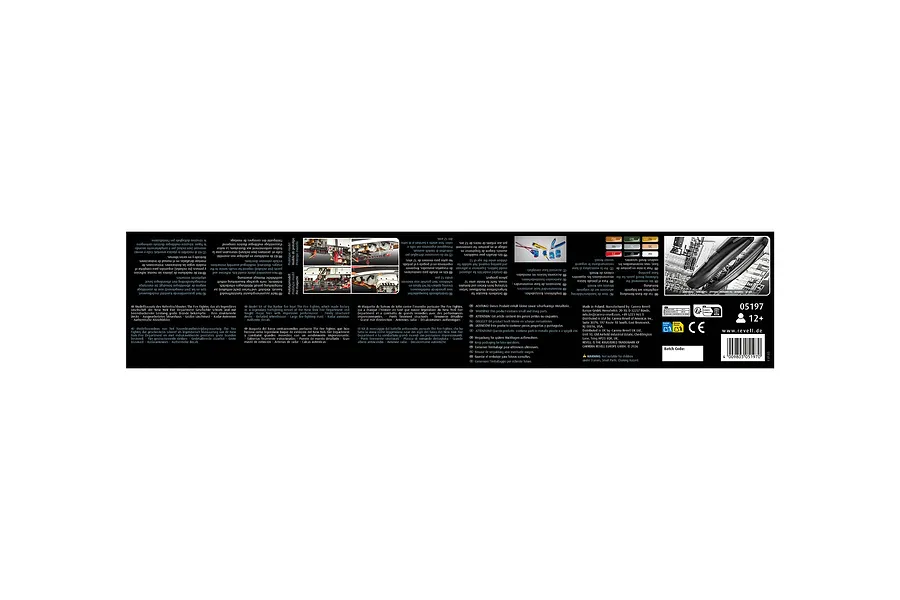 The rear side of a Revell 1/87 scale The Firefighter model kit packaging, showing product details, safety warnings, and assembly information in multiple languages.