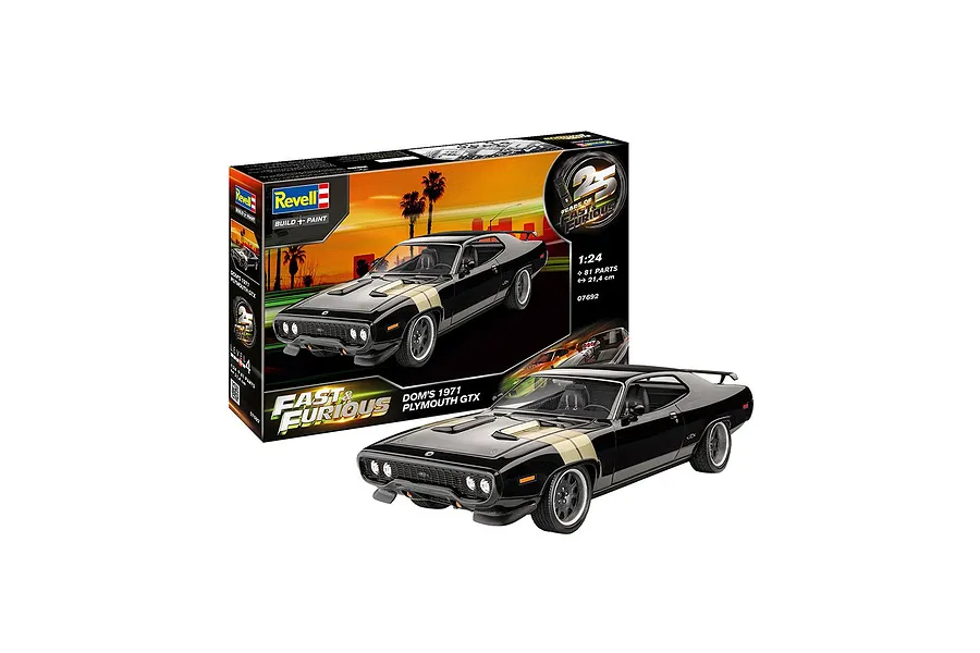 Revell 1/24 scale plastic model kit of Dominic's 1971 Plymouth GTX from Fast &amp; Furious, featuring the box and a fully assembled black model car.
