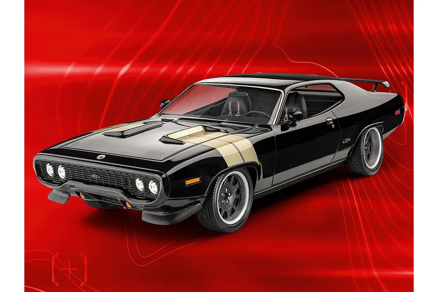 A 1/24 scale model of a black 1971 Plymouth GTX with gold hood stripes, displayed against a red abstract background.