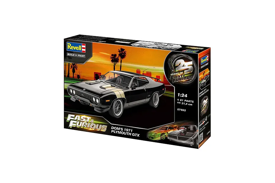 Revell 1/24 scale plastic model kit box for Dominic's 1971 Plymouth GTX from Fast &amp; Furious, featuring a black muscle car on a sunset background.