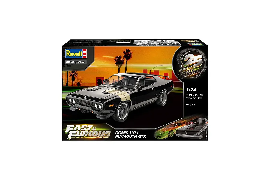 Revell 1/24 scale model kit box for Dominic's 1971 Plymouth GTX from Fast &amp; Furious, featuring a black car with gold stripes against a sunset background.