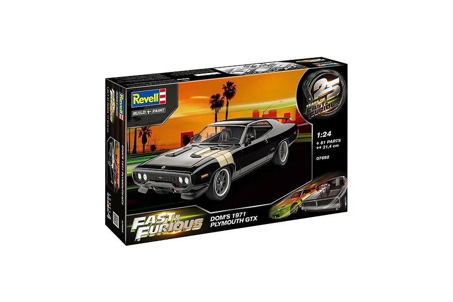 Revell 1/24 scale model kit box for Dominic's 1971 Plymouth GTX from Fast &amp; Furious, featuring a black muscle car on a sunset background.