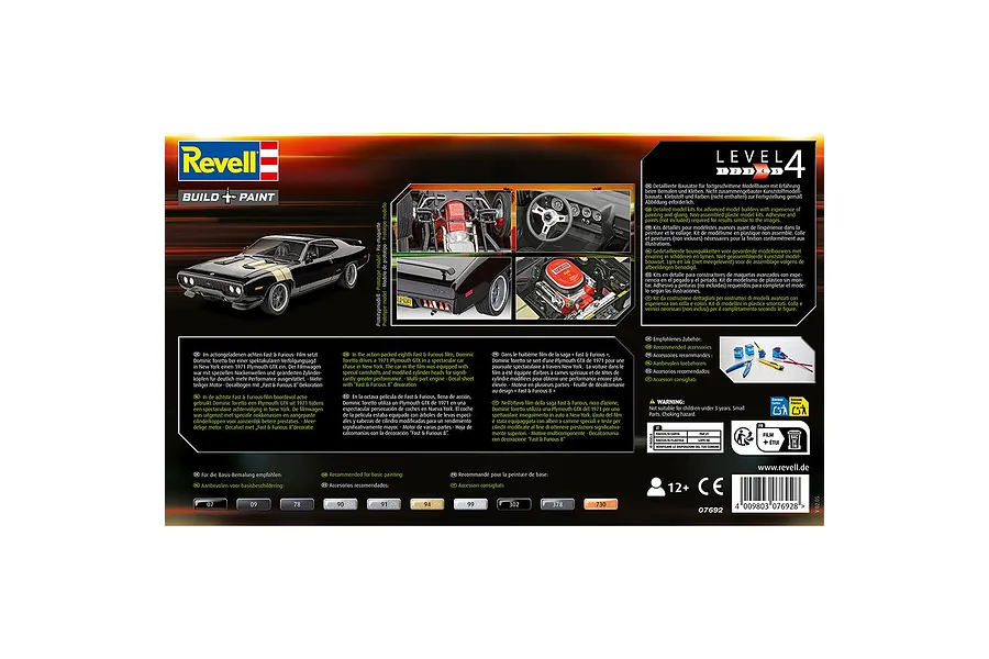 The back of a Revell 1/24 scale 1971 Plymouth GTX model kit box, featuring product photos, assembly details, and multilingual text.