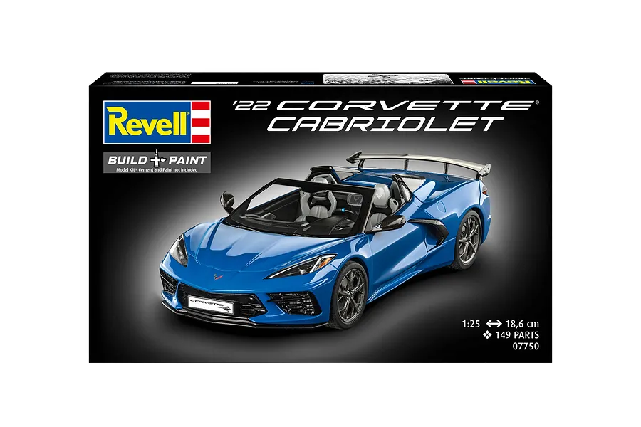 Product packaging for a Revell 1/25 scale '22 Corvette Cabriolet model kit, featuring a blue convertible sports car on a black background.