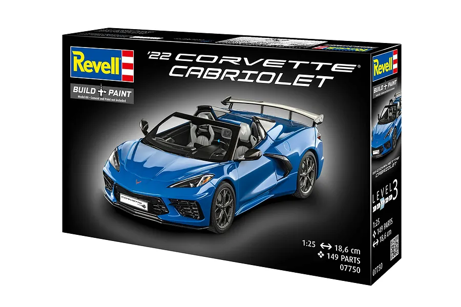 Revell 1/25 scale '22 Corvette Cabriolet plastic model kit box showing a blue convertible sports car model.
