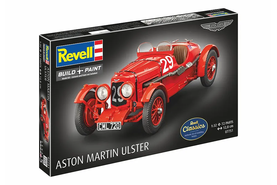 Revell 1/32 scale Aston Martin Ulster plastic model kit box showing a red vintage race car with number 29.