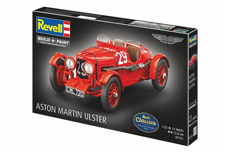 Revell 1/32 scale Aston Martin Ulster plastic model kit box showing a finished red vintage race car model.