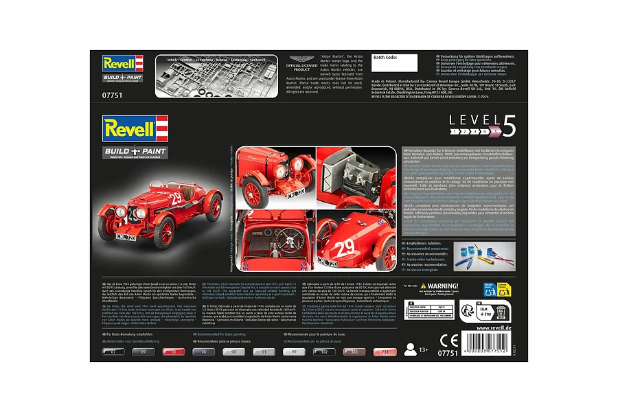 Rear view of the Revell 1/32 Aston Martin Ulster model kit packaging showing product details, assembly level 5, and historical information.