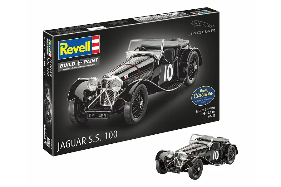 Revell 1/32 scale Jaguar SS 100 plastic model kit box and a fully assembled black model car on a white background.
