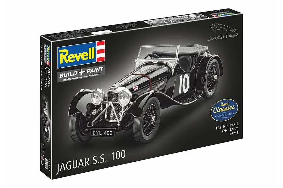 Revell 1/32 scale Jaguar SS 100 plastic model kit box featuring a black vintage sports car with the number 10 on the side.