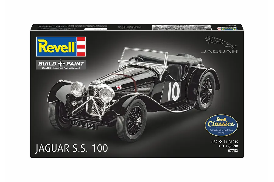 Revell 1/32 scale Jaguar SS 100 plastic model kit box featuring a black vintage sports car with the number 10 on the side.