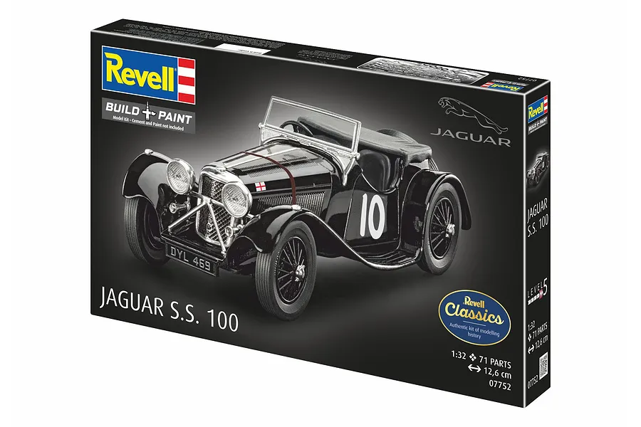 Revell 1/32 scale Jaguar SS 100 plastic model kit box showing a finished black vintage sports car model.