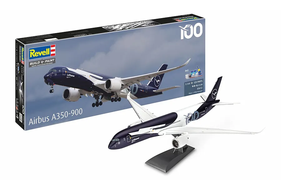 Revell 1/144 scale Airbus A350-900 Lufthansa 100 Years model kit box and a fully assembled, painted model aircraft on a display stand.