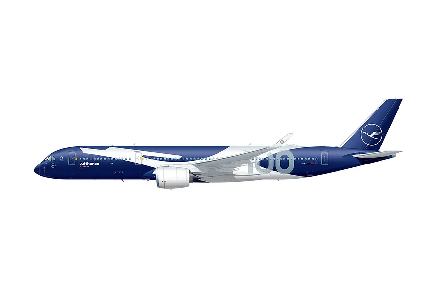 A side-profile digital illustration of a Lufthansa Airbus A350-900 aircraft featuring a special 100-year anniversary livery.