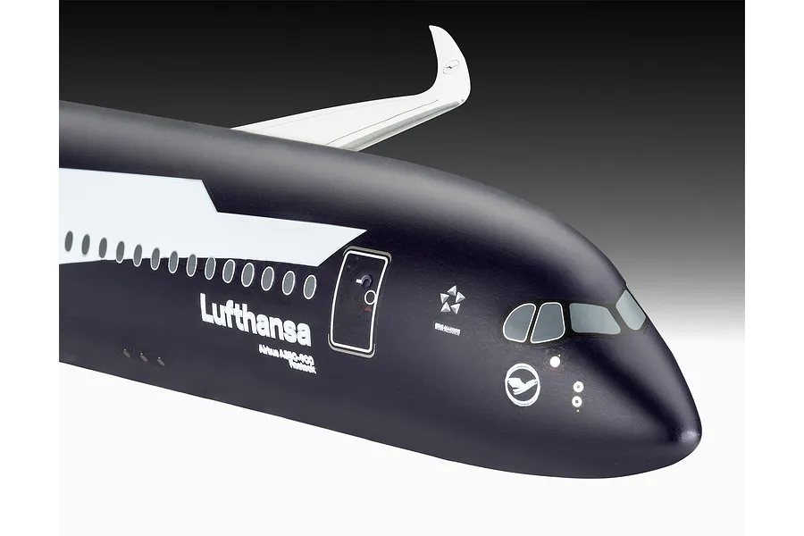 Close-up of the nose and cockpit section of a Revell 1/144 scale Airbus A350-900 model aircraft in Lufthansa livery.