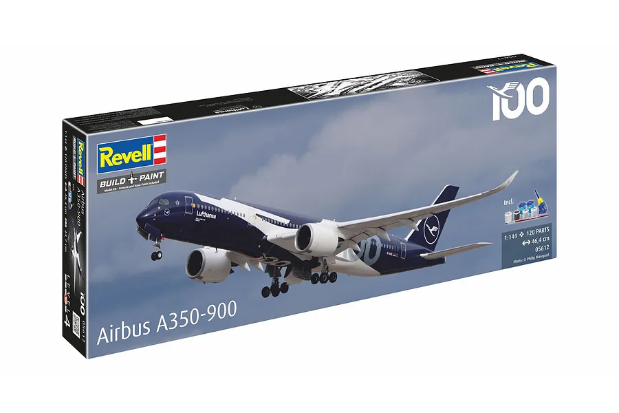 Revell 1/144 scale Airbus A350-900 Lufthansa 100 Years model kit box showing the finished aircraft in flight.