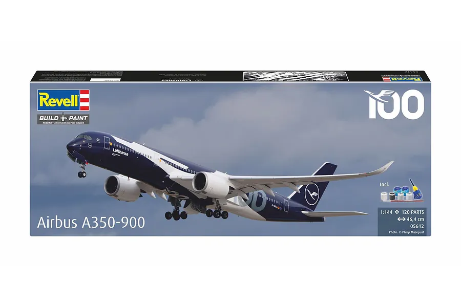 Revell 1/144 scale Airbus A350-900 Lufthansa 100 Years model kit box showing the finished aircraft in flight.