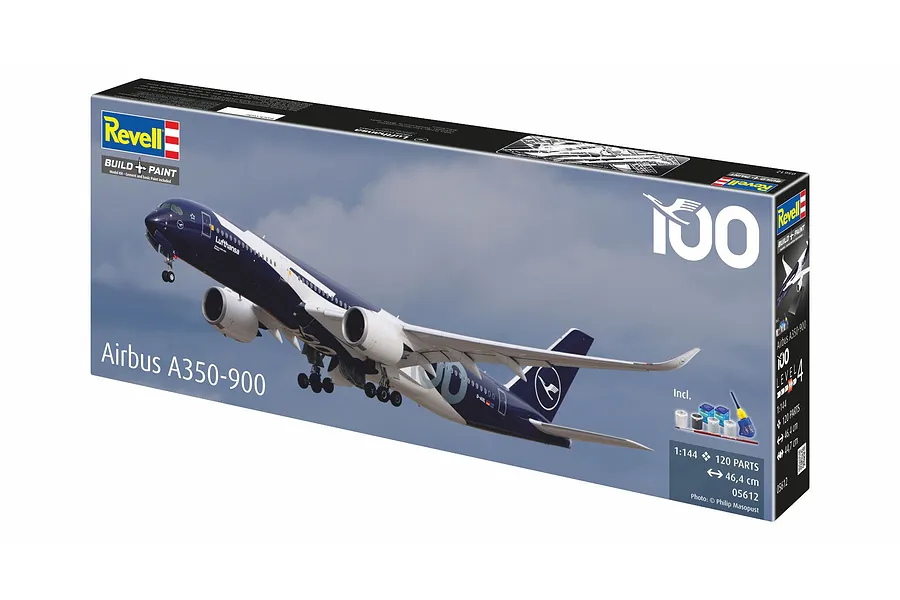 Revell 1/144 scale Airbus A350-900 Lufthansa 100 Years model kit box showing the finished aircraft in flight.