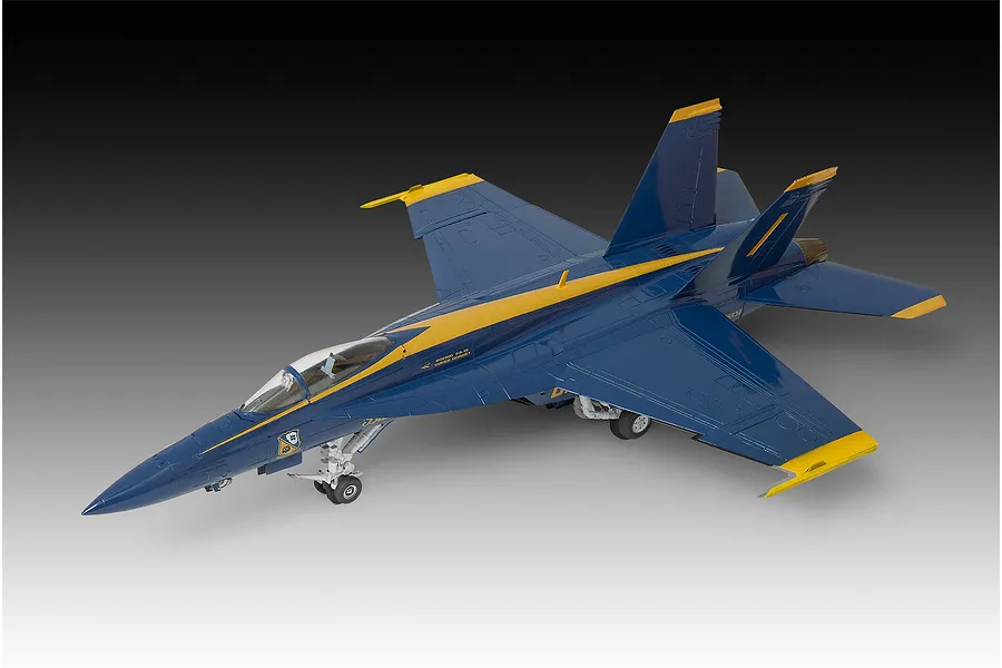 A completed 1/72 scale plastic model of a Blue Angels F/A-18 Super Hornet jet, painted in signature blue and yellow livery.
