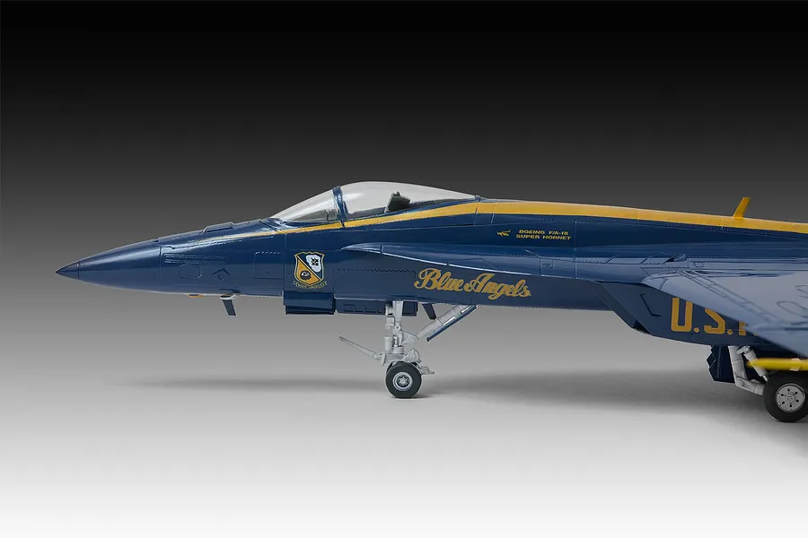 Side profile of a completed Revell 1/72 scale Blue Angels Boeing F/A-18 Super Hornet plastic model aircraft.