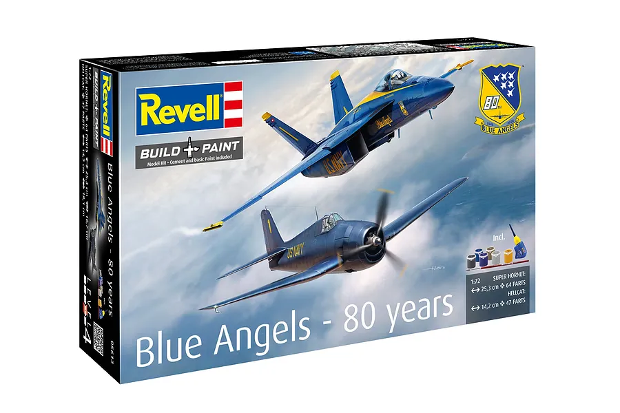 Revell 1/72 scale Blue Angels 80 Years model kit box featuring a F/A-18 Super Hornet and F6F Hellcat in flight.