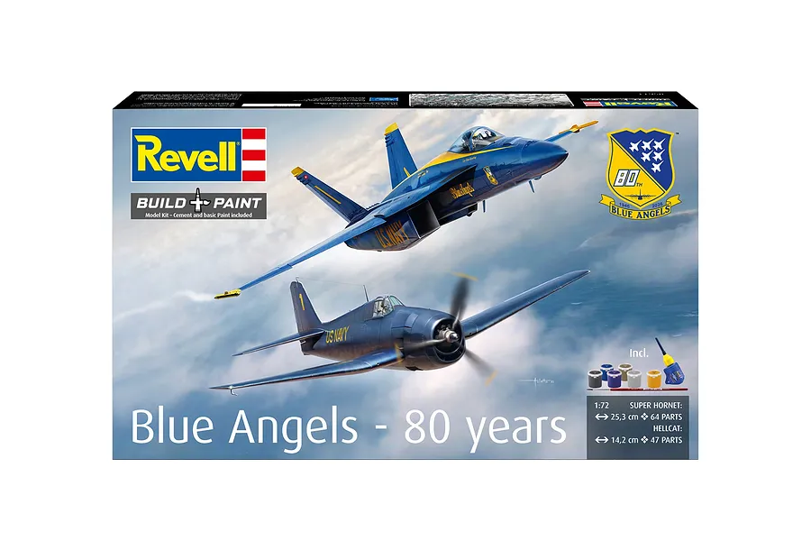 Revell 1/72 scale Blue Angels 80 Years model kit box featuring a Super Hornet and a Hellcat in flight.