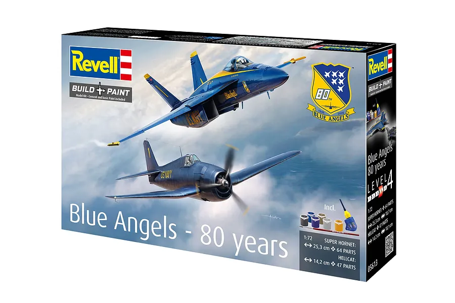 Revell 1/72 Blue Angels 80 Years model kit box showing a F/A-18 Super Hornet and a F6F Hellcat in flight.