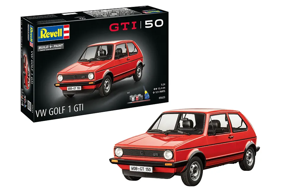 Revell 1/24 scale VW Golf 1 GTi plastic model kit box and a fully assembled red model car on a white background.