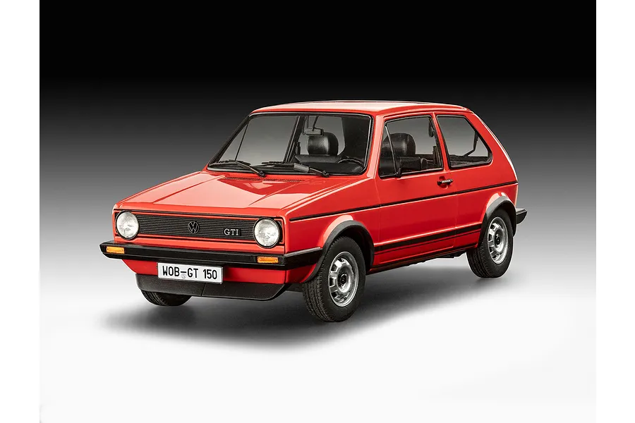 A studio shot of a 1/24 scale red Volkswagen Golf GTi plastic model car, featuring detailed exterior, black trim, and a WOB-GT 150 license plate.