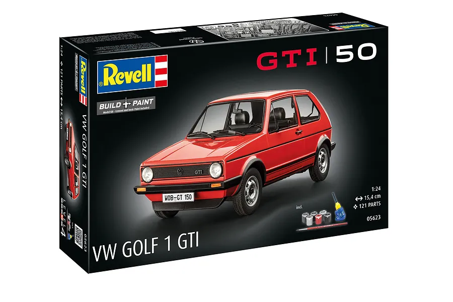Revell 1/24 scale VW Golf 1 GTI model kit box featuring a red car on a black background.