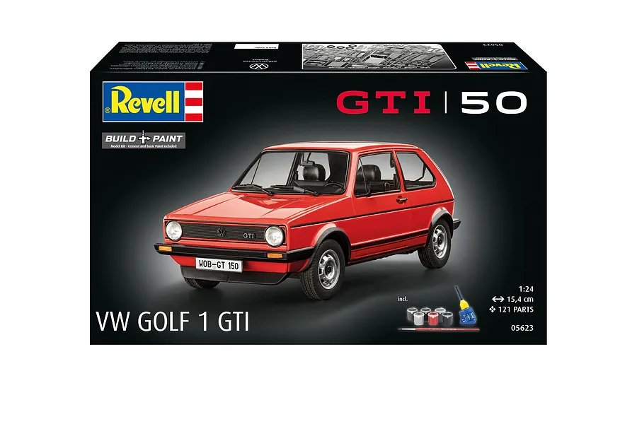 Revell 1/24 scale VW Golf 1 GTi plastic model kit box featuring a red car on a black background.