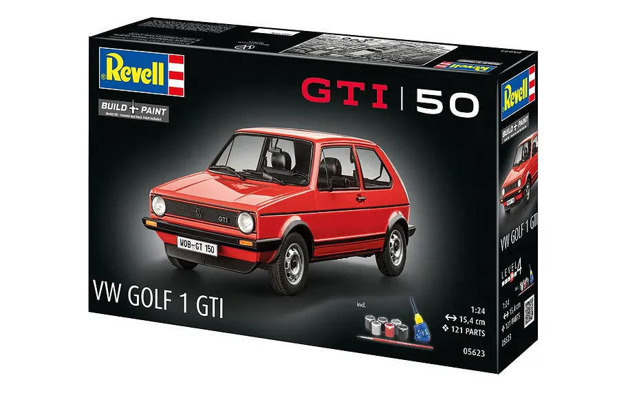 Revell 1/24 scale VW Golf 1 GTI plastic model kit box featuring a red model car, paint pots, glue, and brush.