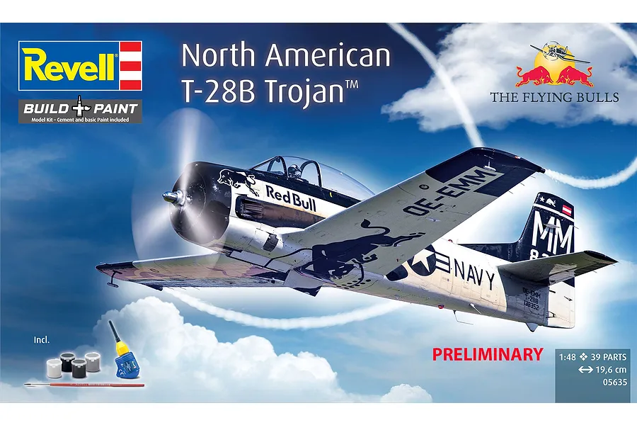 Revell 1/48 scale North American T-28B Trojan Flying Bulls model kit box art showing the aircraft in flight against a blue sky.