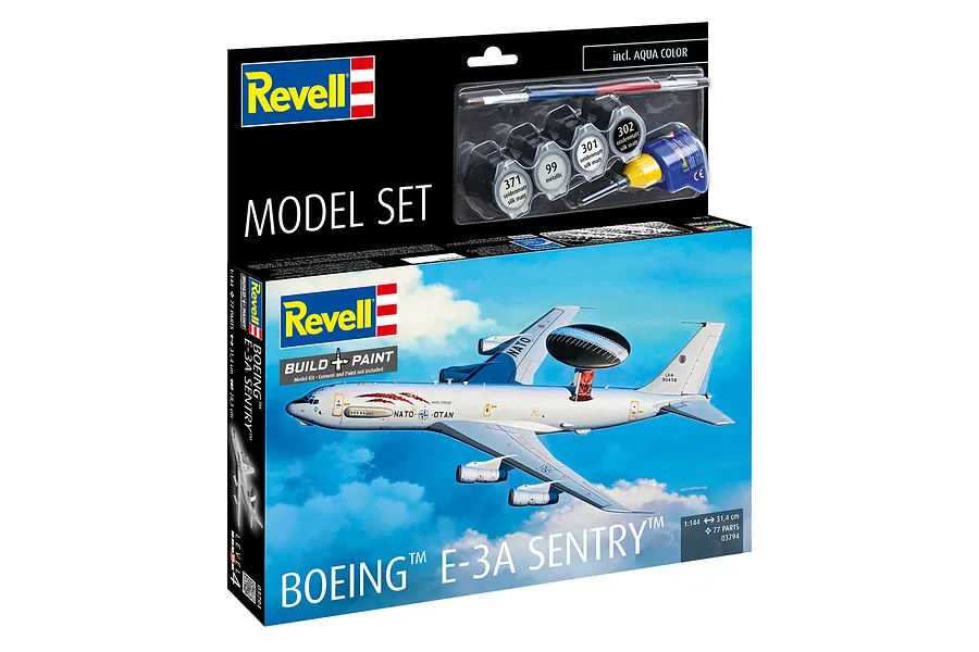 Revell 1/144 scale Boeing E-3A Sentry model kit box featuring a NATO aircraft illustration and included paint, glue, and brush accessories.