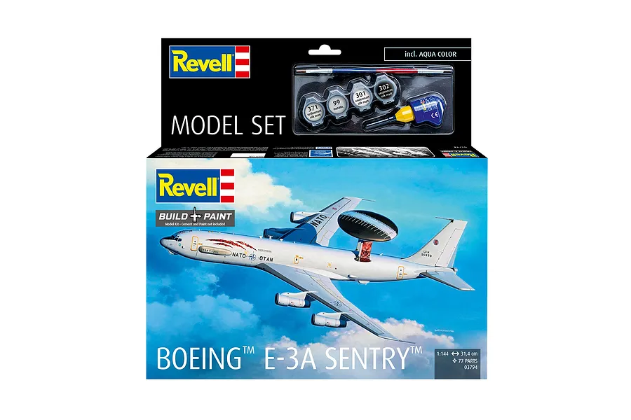Revell 1/144 scale Boeing E-3A Sentry plastic model starter kit box showing the finished aircraft model and included paints and brush.