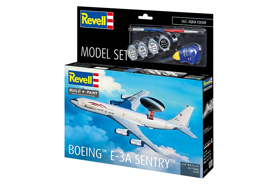 Revell 1/144 scale Boeing E-3A Sentry model kit box showing the aircraft in flight, including paint pots, brush, and glue.
