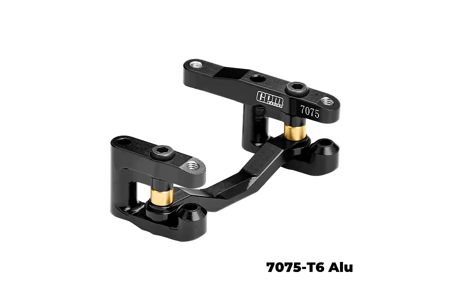A black GPM Racing aluminium steering bell crank and drag link assembly for RC cars, featuring gold-coloured metal bushings.